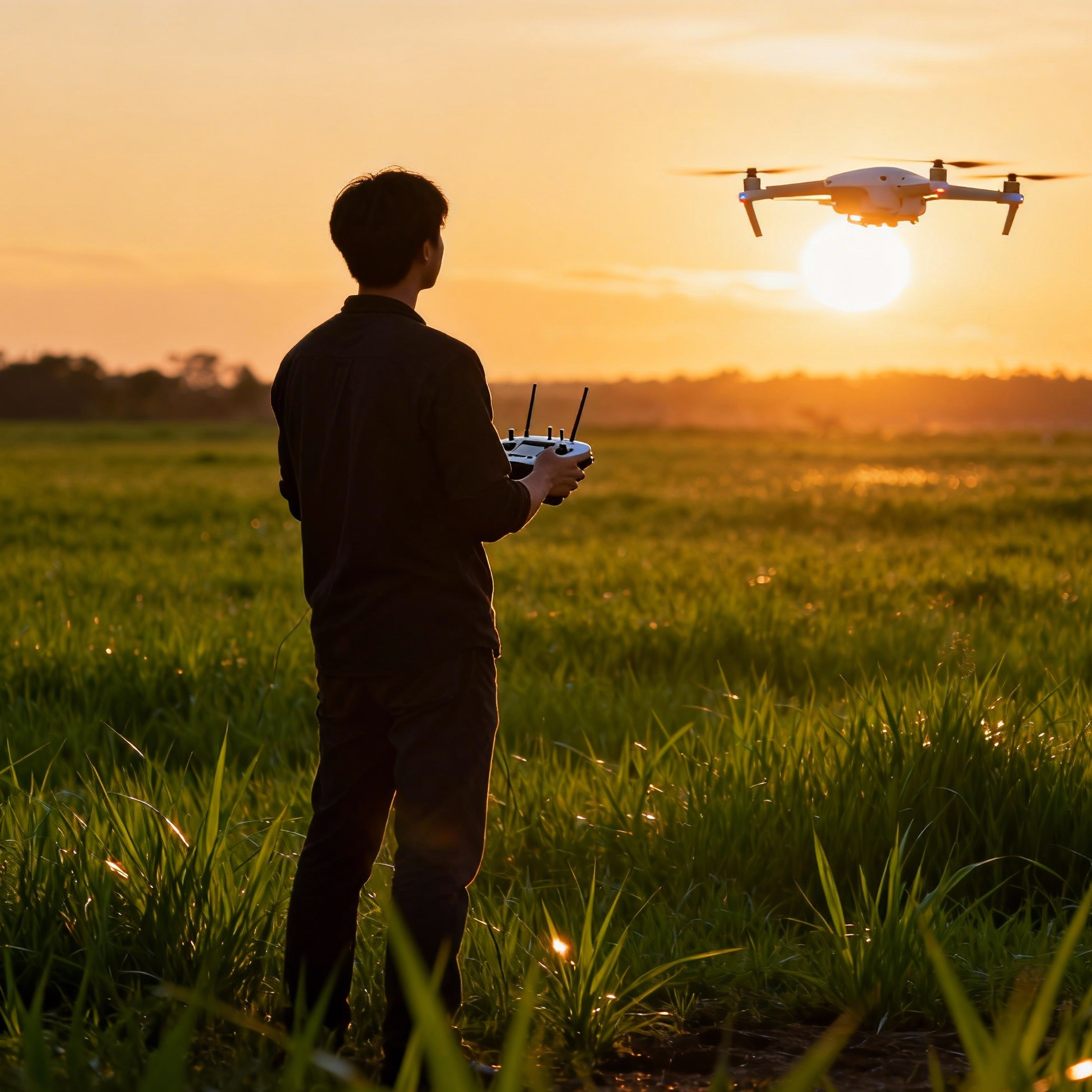 jimeng 2025 12 16 1008 一个工作人员在绿野上操纵无人机飞翔 夕阳照在他们的背影上
